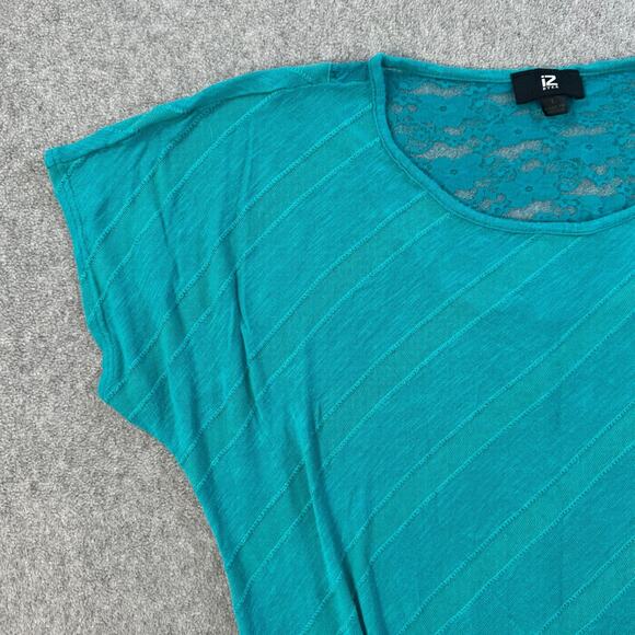 iZ Byer Y2k Knotted Waist Top Women's Large Turquoise Stripe Short Sleeve Lace - Picture 3 of 9